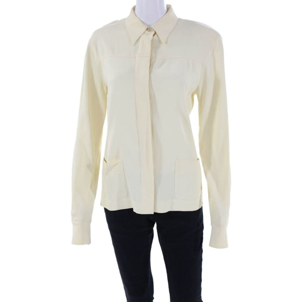 Genny Way Womens Textured Long Sleeve Button Up Blouse Cream Size M